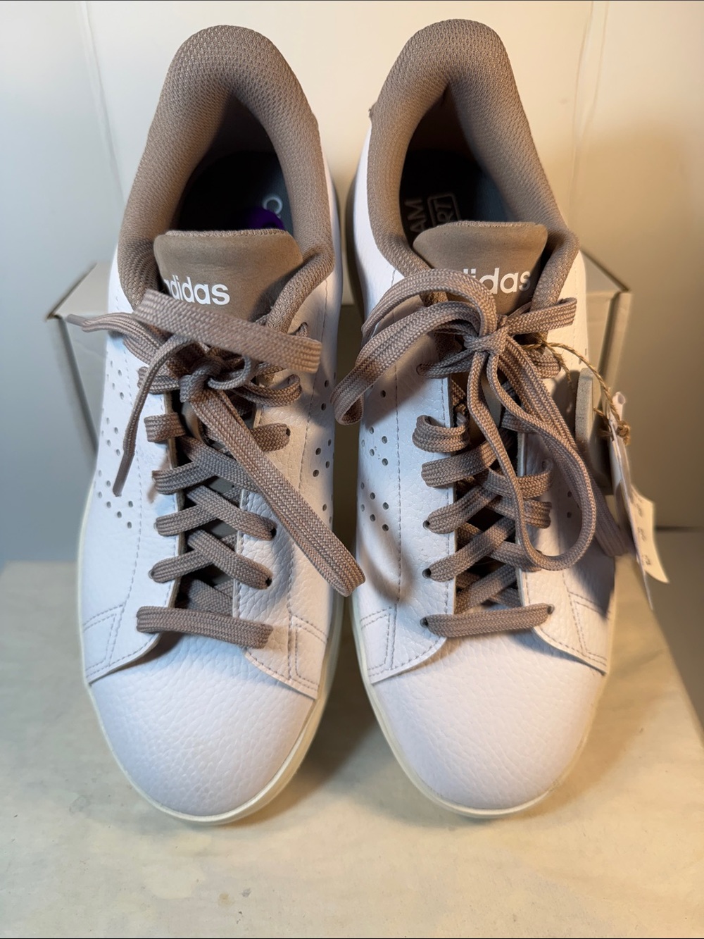 adidas Women’s White Leather Sneakers with Taupe Accents